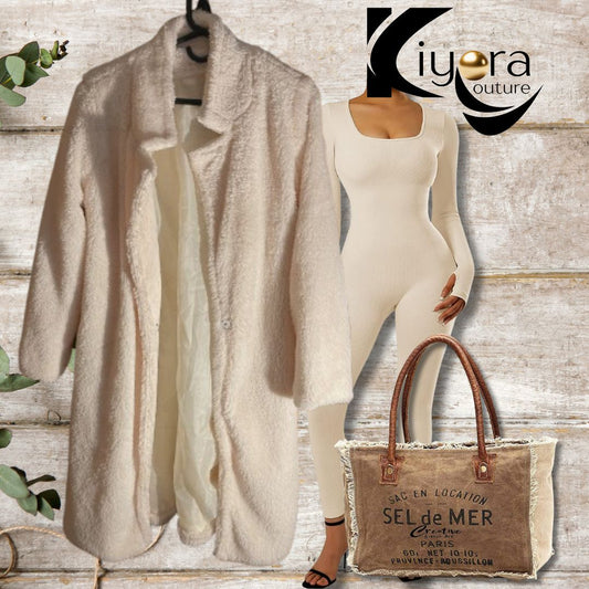 Plush Beige Coat | Jumpsuit and Purse (Available on Amazon)